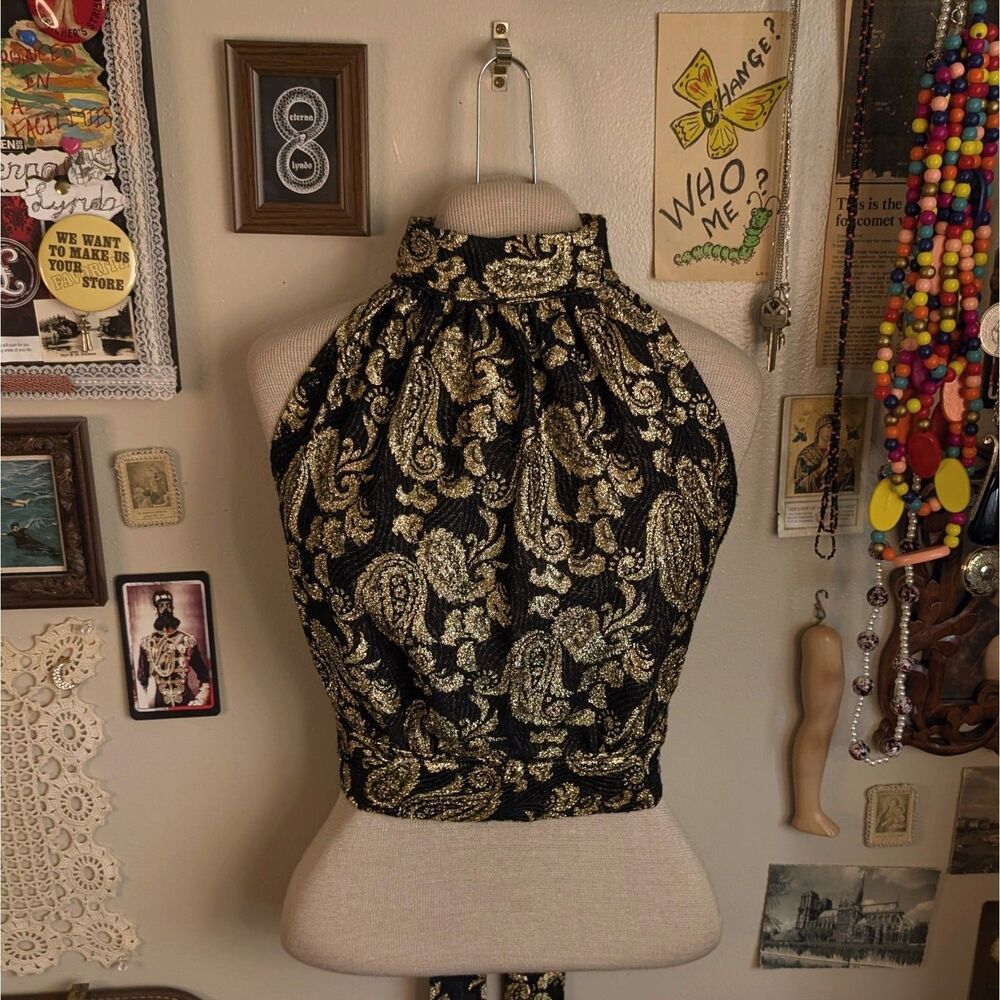 Vintage Sparkly Paisley Halter Tie Top Women's Medium Black Gold Metallic Print
